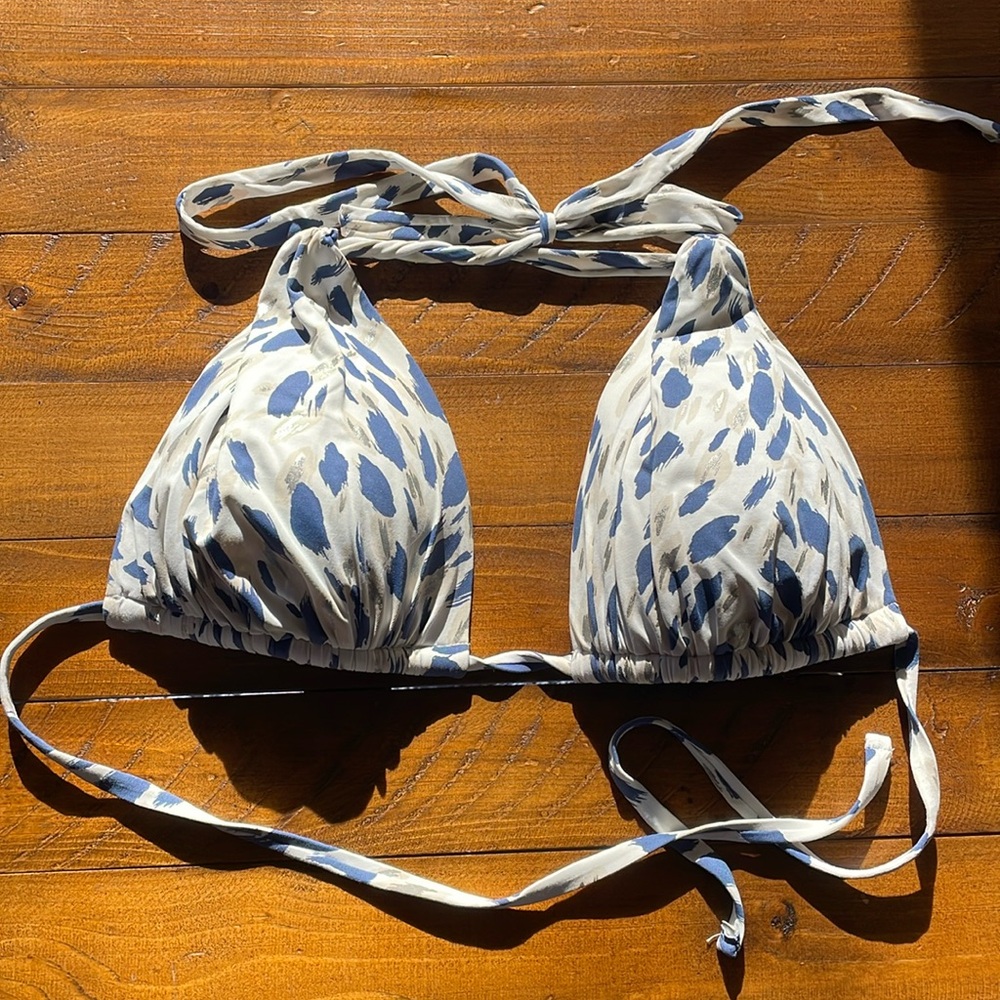 La Blanca White and Blue Printed Triangle Bikini Top with Ties